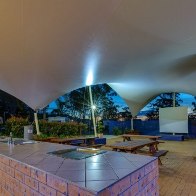 BBQ shade structure for holiday park by Shade to Order at Newcastle, Nelson Bay, Sydney NSW Australia