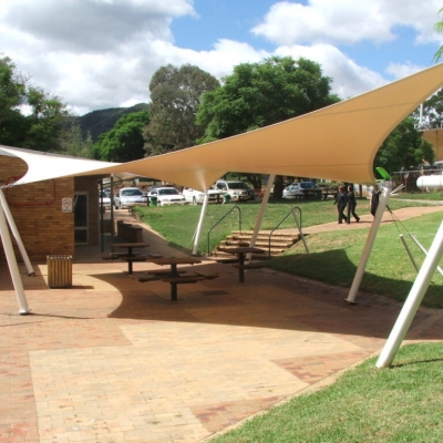 Polyedge shade sail over seating area for students by Shade to Order Newcastle, Tamworth, Sydney, Central Coast
