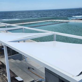 Pool shade sails installed at Ocean Baths Newcastle NSW Australia