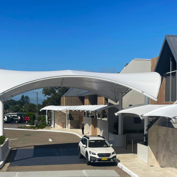 Club entrance shade structure designed by Shade To Order, Gateshead, NSW